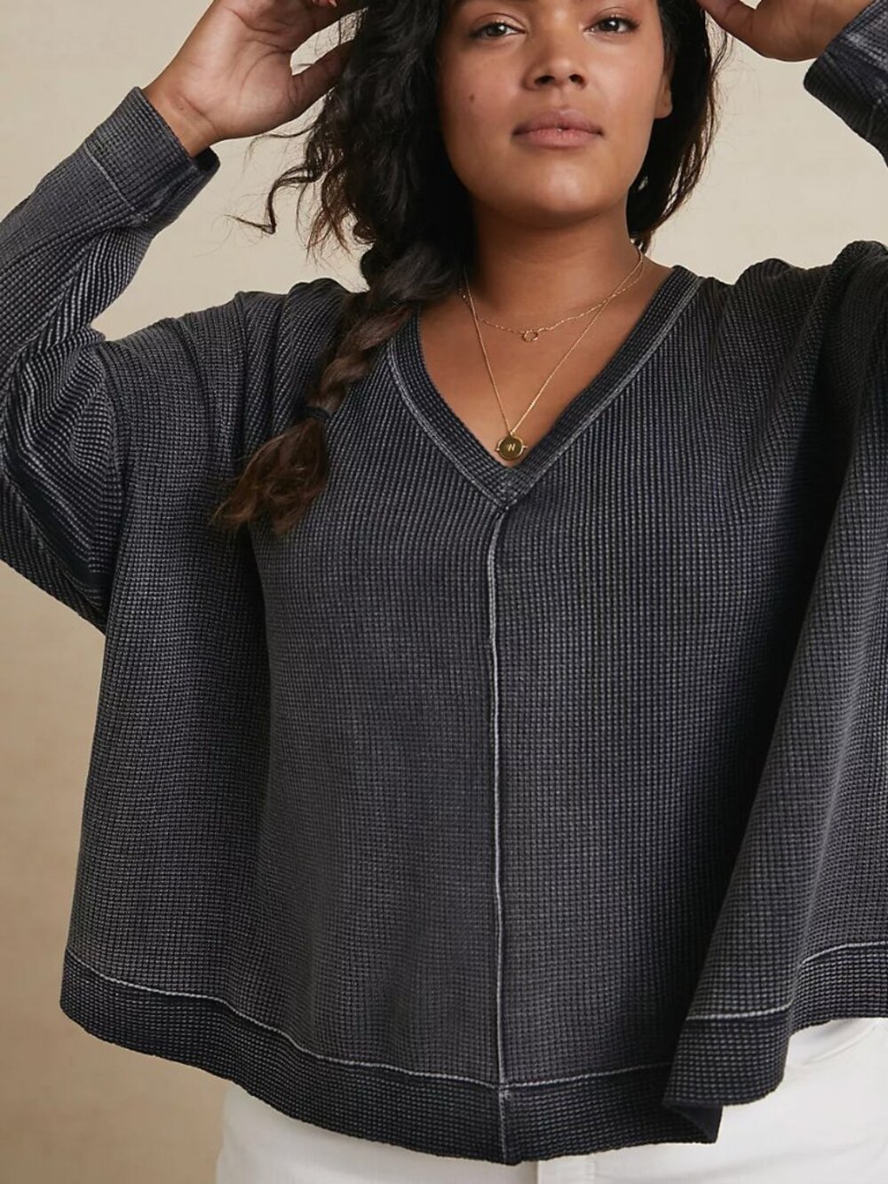 Anthropologie Pilcro Moira Pullover Waffle Knit Top M Oversized VNeck Grunge $78